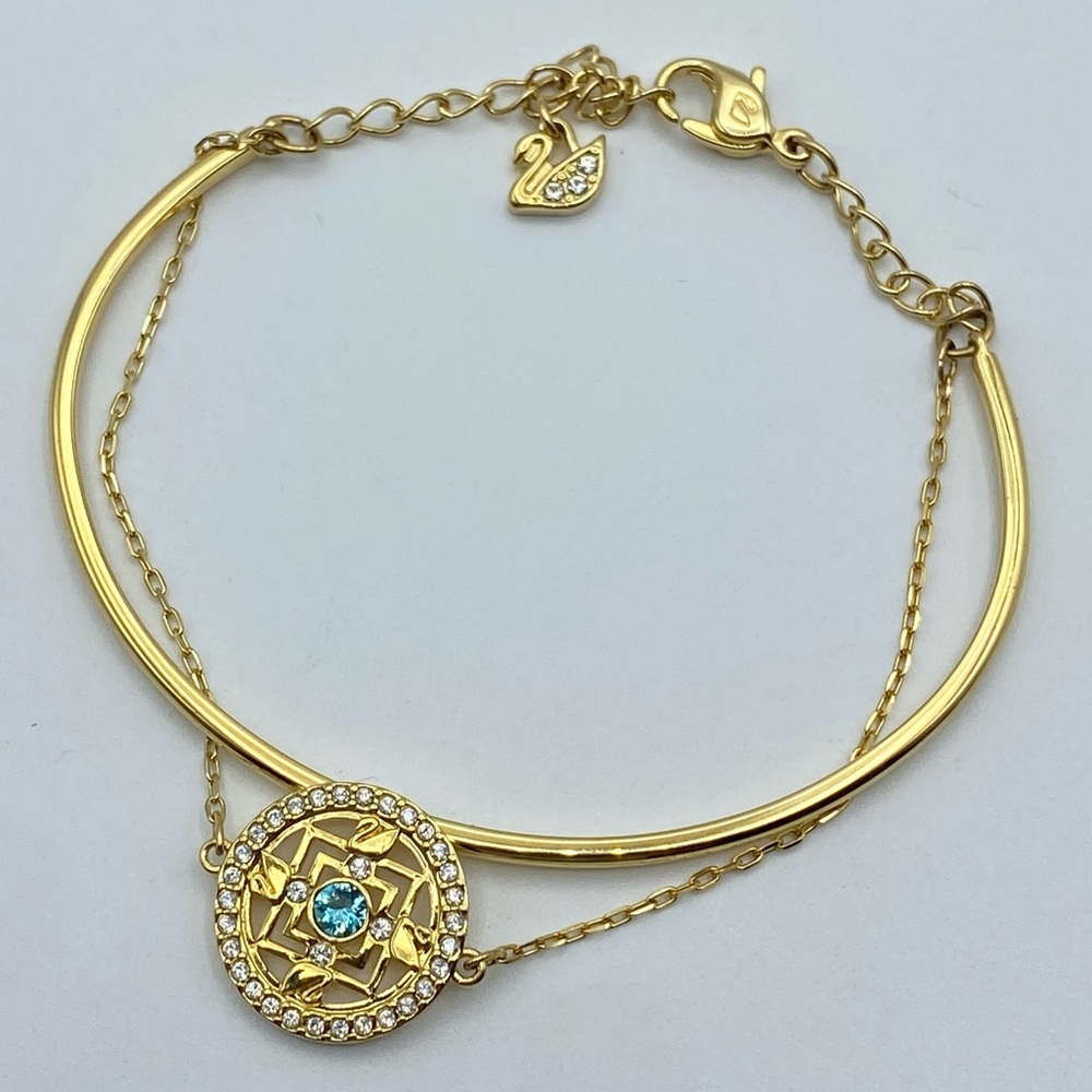 Genuine Swarovski Mandala Yellow-Gold Tone Bangle Bracelet Crystal Swan Signed
